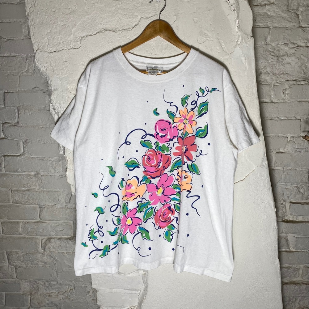 Vintage Jacques Moret Floral Graphic One Size T-Shirt White 90s Made inâ USA